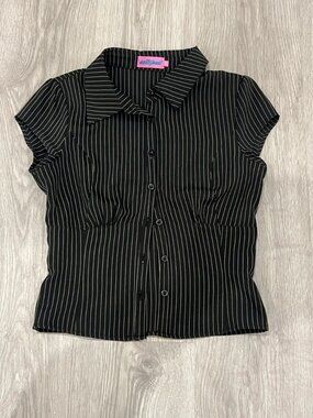 Pinstripe Button Up Fitted Short Sleeve Shirt XS
